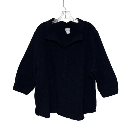 Chico’s Women's Black Button-Back Cotton Textured Top 3/4 Sleeve Size 4 (20/22) - Picture 1 of 6